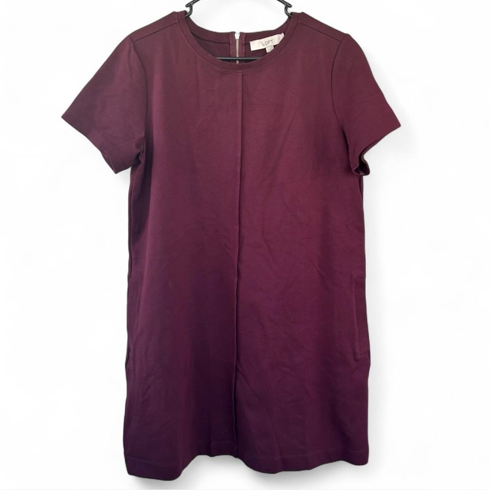 LOFT Knee Length Dress Women's Large Burgundy Short Sleve Round Neck Zip Back